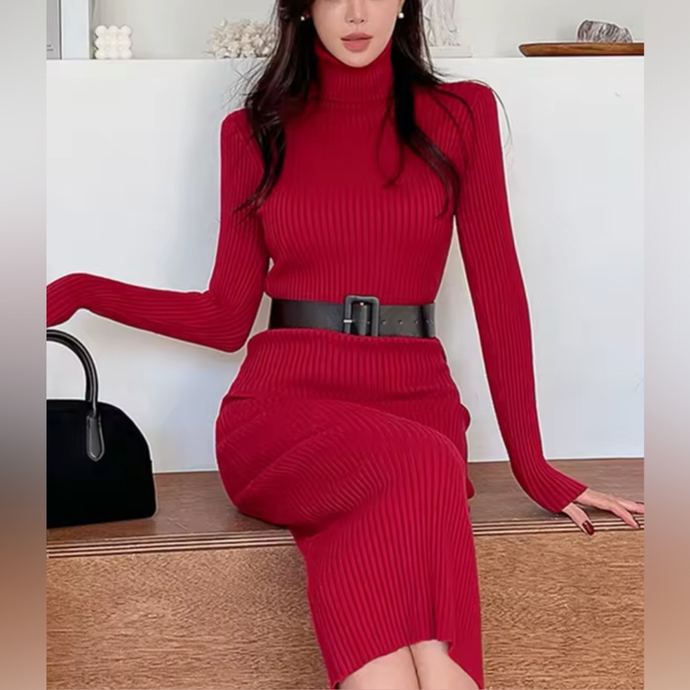 NEW WOMEN’S RIBBED KNIT BELTED SWEATER DRESS